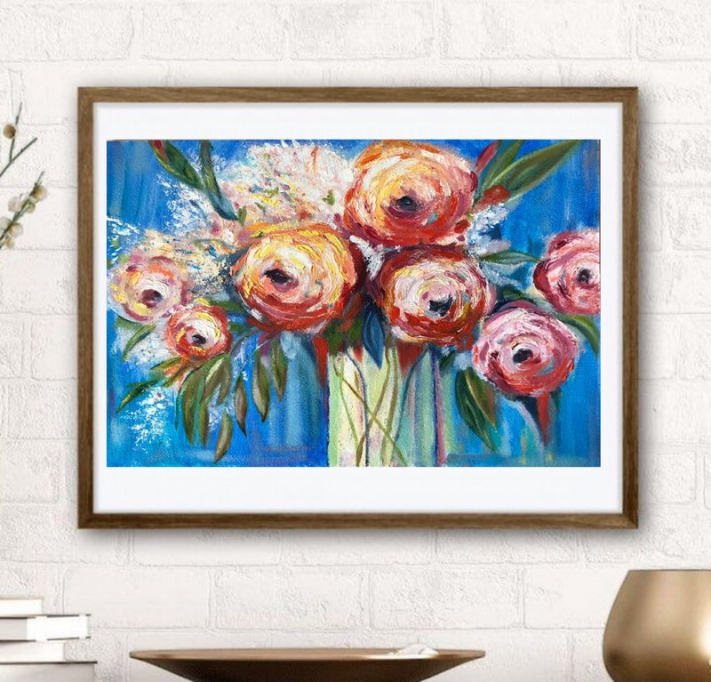 Original oil painting Peonies in a vase - 壁貼/牆壁裝飾 - 其他材質 藍色