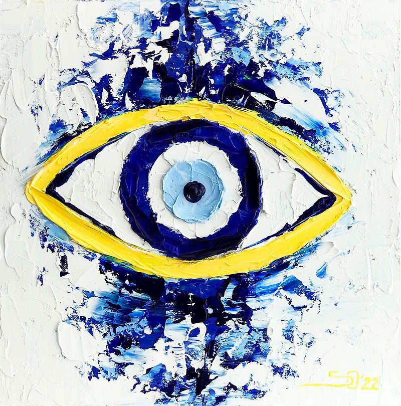 Evil Eye Painting Oil Original Art Turkish Wall Decor Ornament Wall Art Blue Eye - โปสเตอร์ - วัสดุอื่นๆ หลากหลายสี