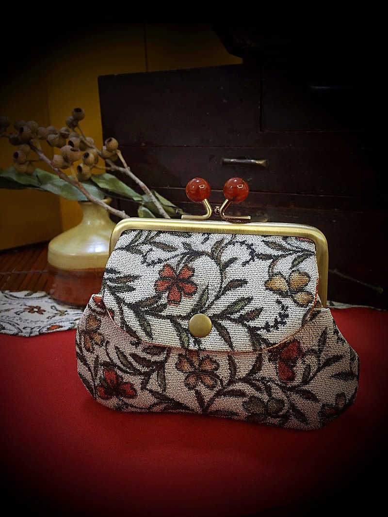 Japanese kimono chestnut flowers and amber pocket bag - Wallets - Cotton & Hemp Khaki