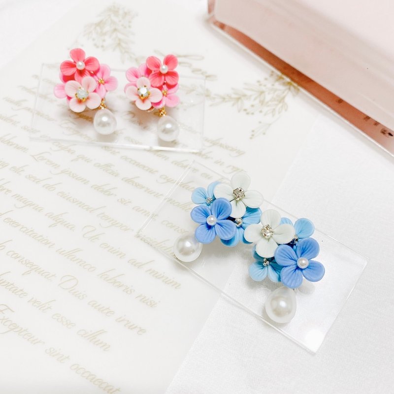 Four Petal Flower Pearl Earrings | Clay Earrings - ต่างหู - ดินเหนียว สึชมพู