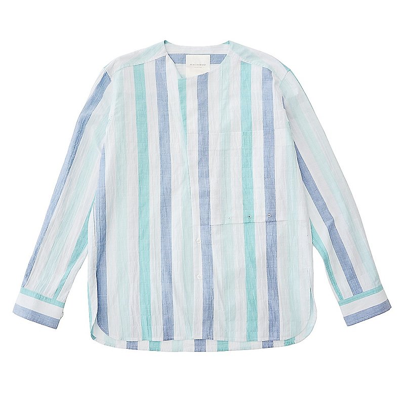 COOLMAX Stripe Collarless Shirt - เสื้อเชิ้ตผู้ชาย - ผ้าฝ้าย/ผ้าลินิน สีเขียว