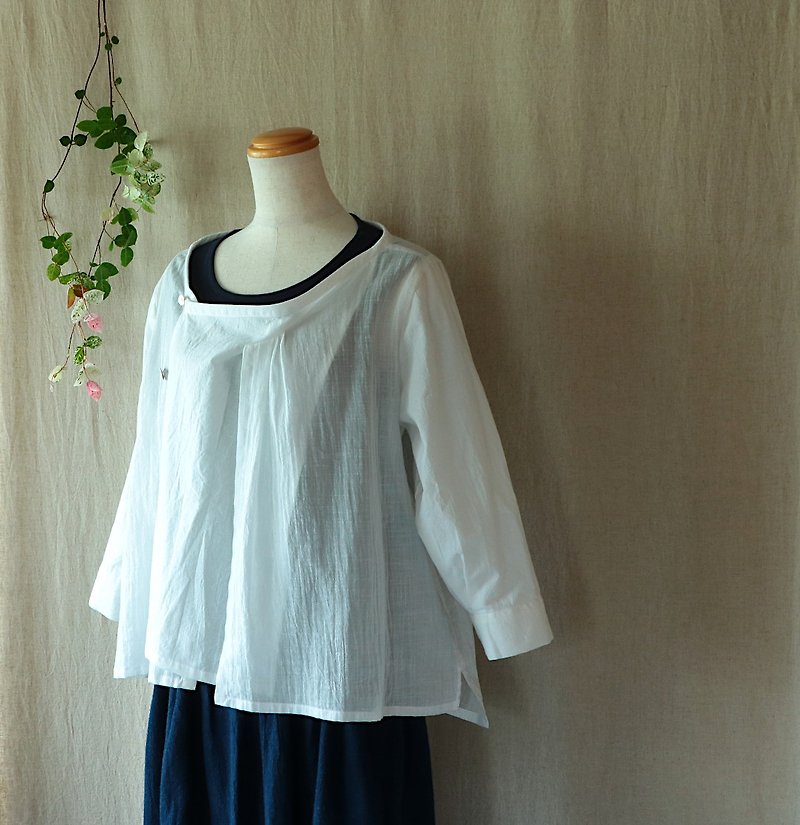 Layered drape blouse / white / cotton linen / ladies L