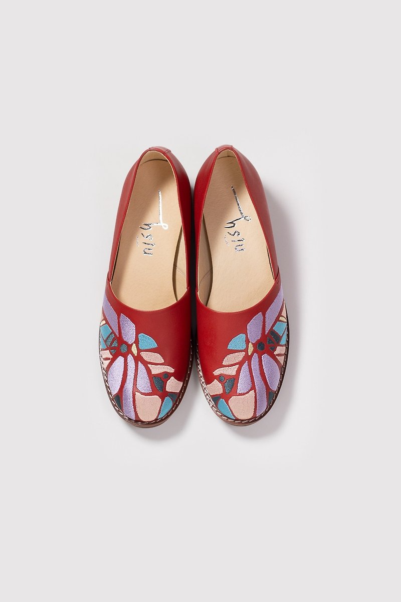 Embroidered reckless wooden shoes-Fucheng Map/Wine Red - Women's Leather Shoes - Genuine Leather Red