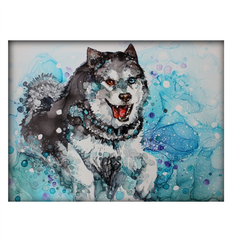 Portrait of a pet Husky Malamute dog hand-painted - Wall Décor - Paper Blue