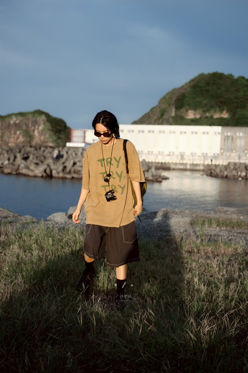 TRYTRY水洗寬鬆TEE - 女 T 恤 - 棉．麻 咖啡色