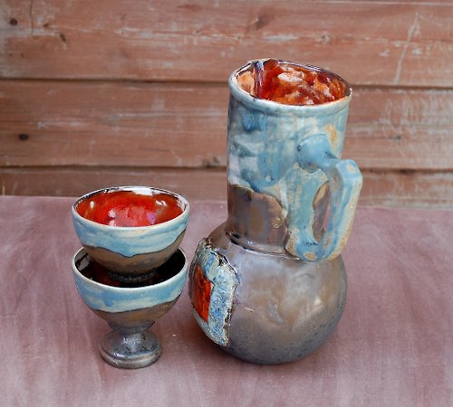  Ceramic Pitcher Set, Wine Pitcher and 2 wine goblets