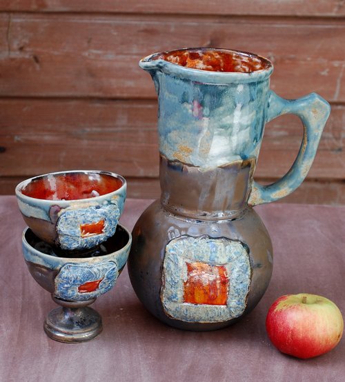  Ceramic Pitcher Set, Wine Pitcher and 2 wine goblets