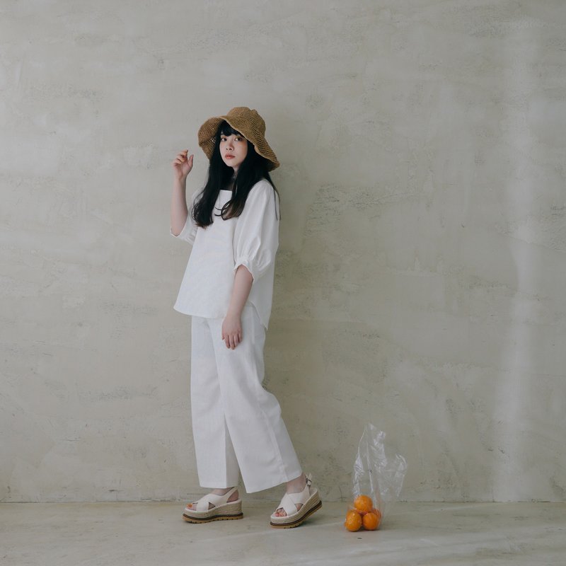 Wei Xiaoxian clear and simple white square collar top and high-waisted pants combination - One Piece Dresses - Cotton & Hemp White