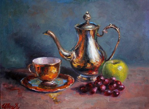 曹以宏　静物画 F4 ティーポットと果物 ゴーギャン【ティーポットと果物のある静物】 - 手描き 絵画（油絵複製