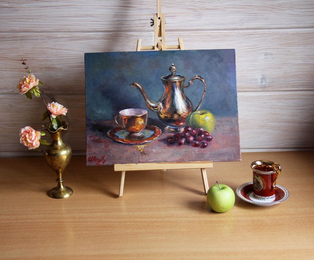 静物画 オリジナルアート ティーポット カップ フルーツアートワーク