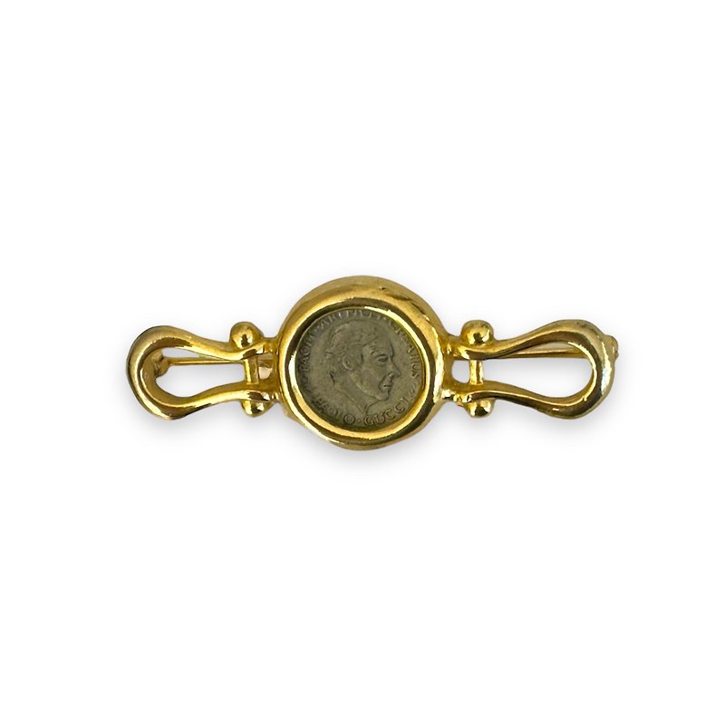 Vintage Paolo Gucci brooch coin pin 1980-90s emperor elegant unisex design brand - เข็มกลัด - วัสดุอื่นๆ สีทอง