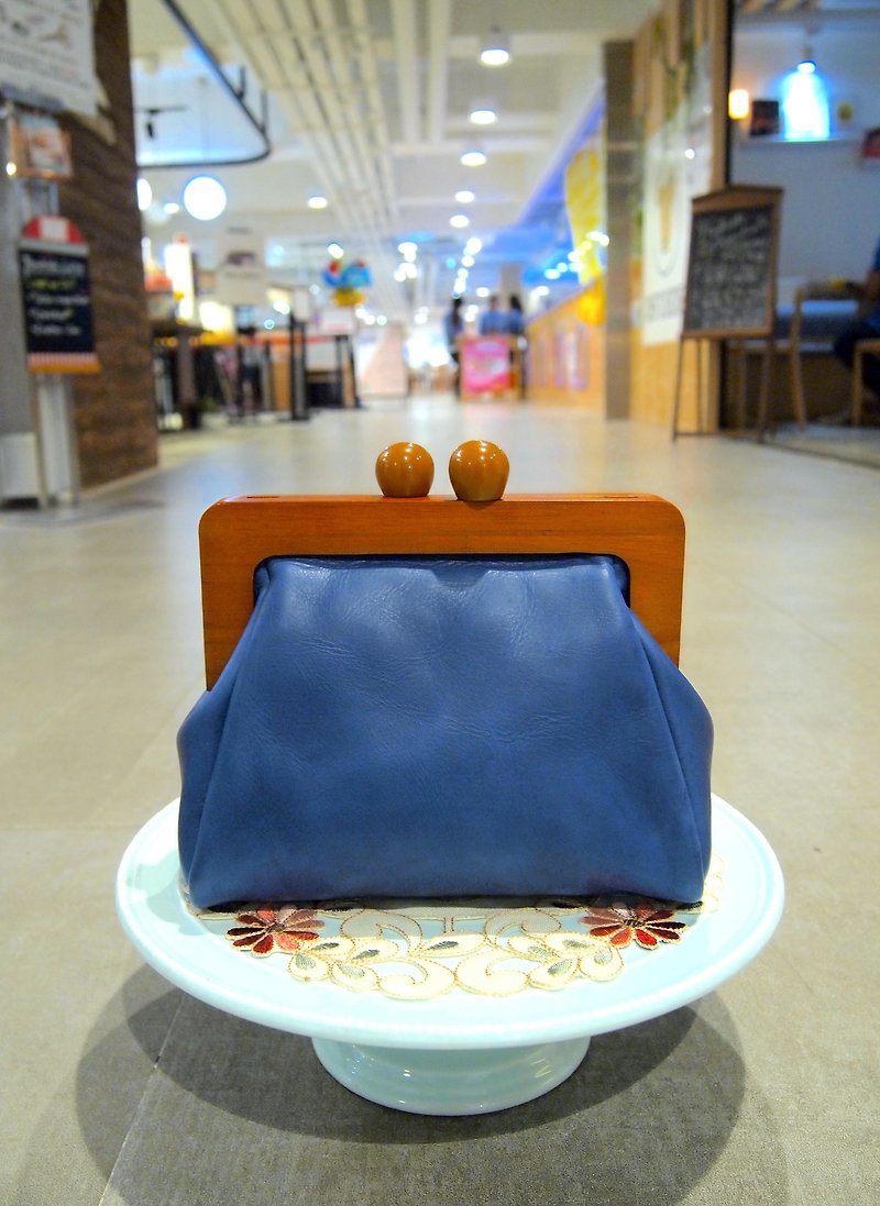 60s TWIGGY Style Wooden Frame 2-way Handbag - Handbags & Totes - Genuine Leather Blue
