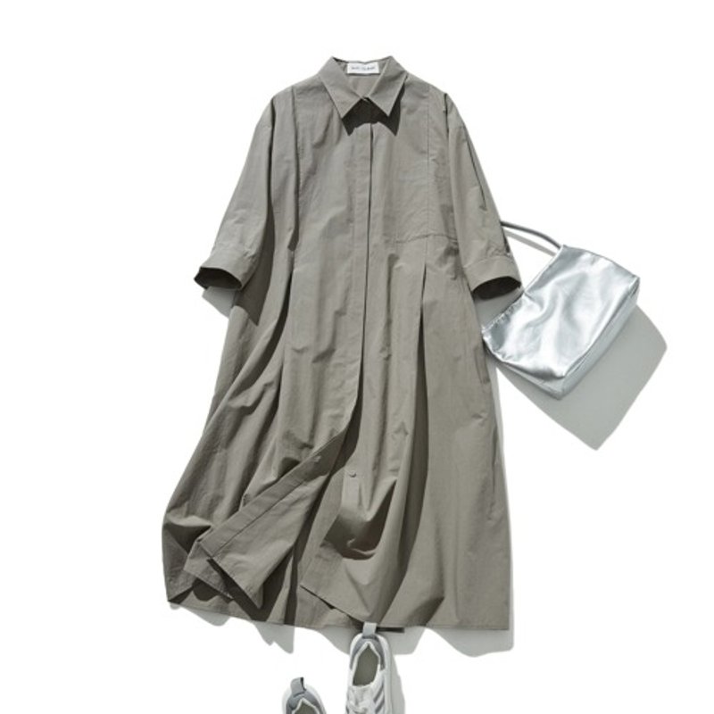 Stand out from the crowd with this tucked adult shirt dress, 100% cotton, 3/4 sleeves, beige grey, 220509-3 - ชุดเดรส - ผ้าฝ้าย/ผ้าลินิน 