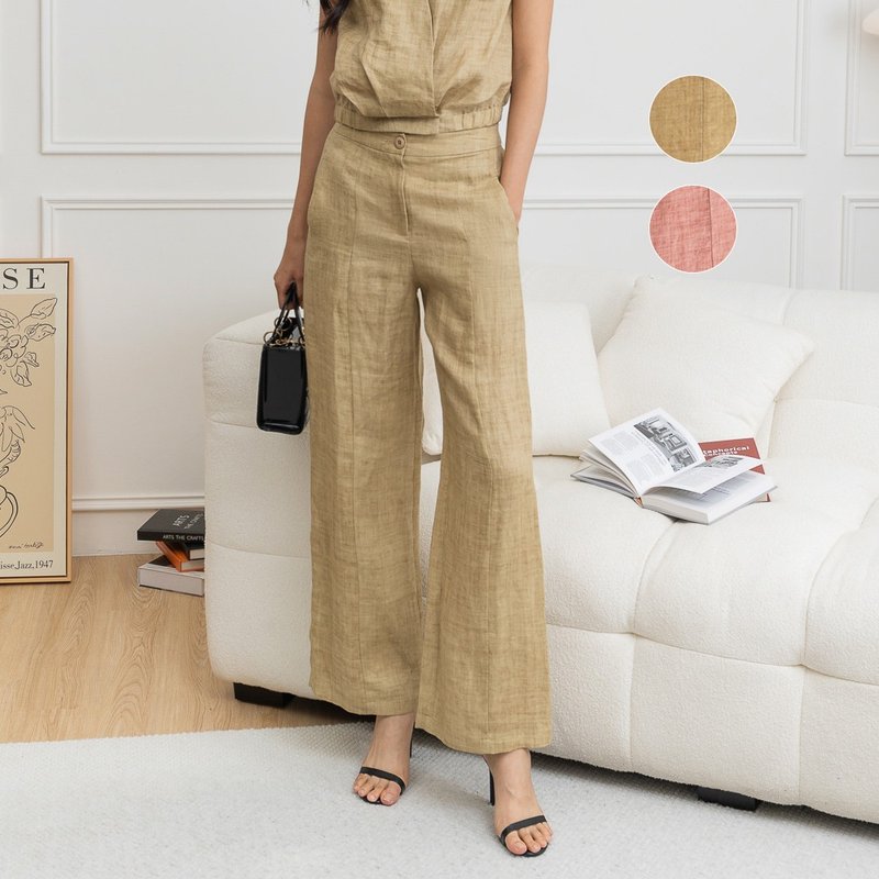 【MEDUSA】Solid Linen Straight Wide-leg Trousers - กางเกงขายาว - ผ้าฝ้าย/ผ้าลินิน สีกากี