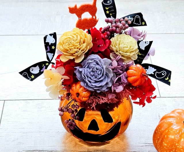 ハロウィンかぼちゃ型ドライフラワーポット（パンプキンランタン