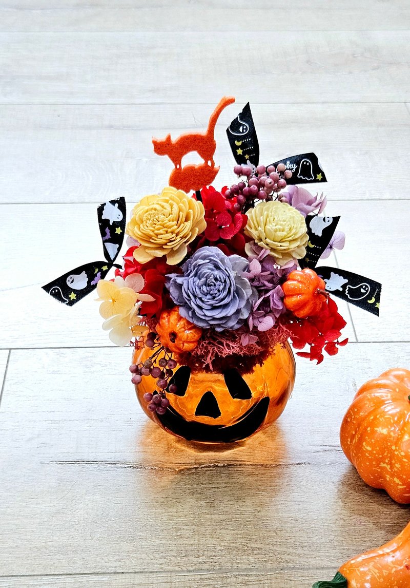 Halloween pumpkin-shaped dried flower pots (pumpkin lanterns/jack lanterns/eternal flowers/Halloween decoration) - ช่อดอกไม้แห้ง - พืช/ดอกไม้ สีส้ม