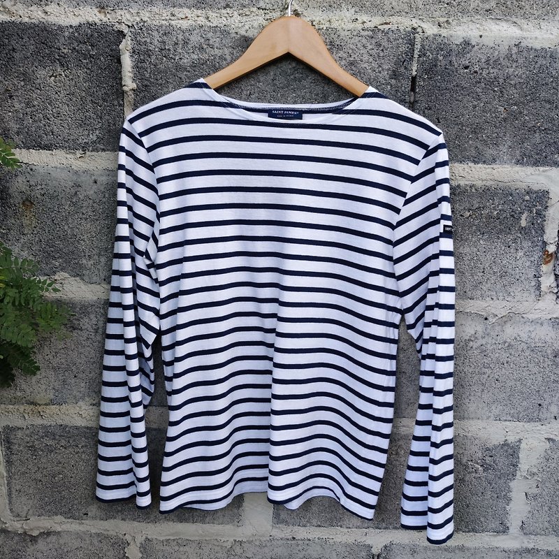 Vintage Saint James Stripe Long Sleeve T-shirt Made in France - T 恤 - 棉．麻 白色
