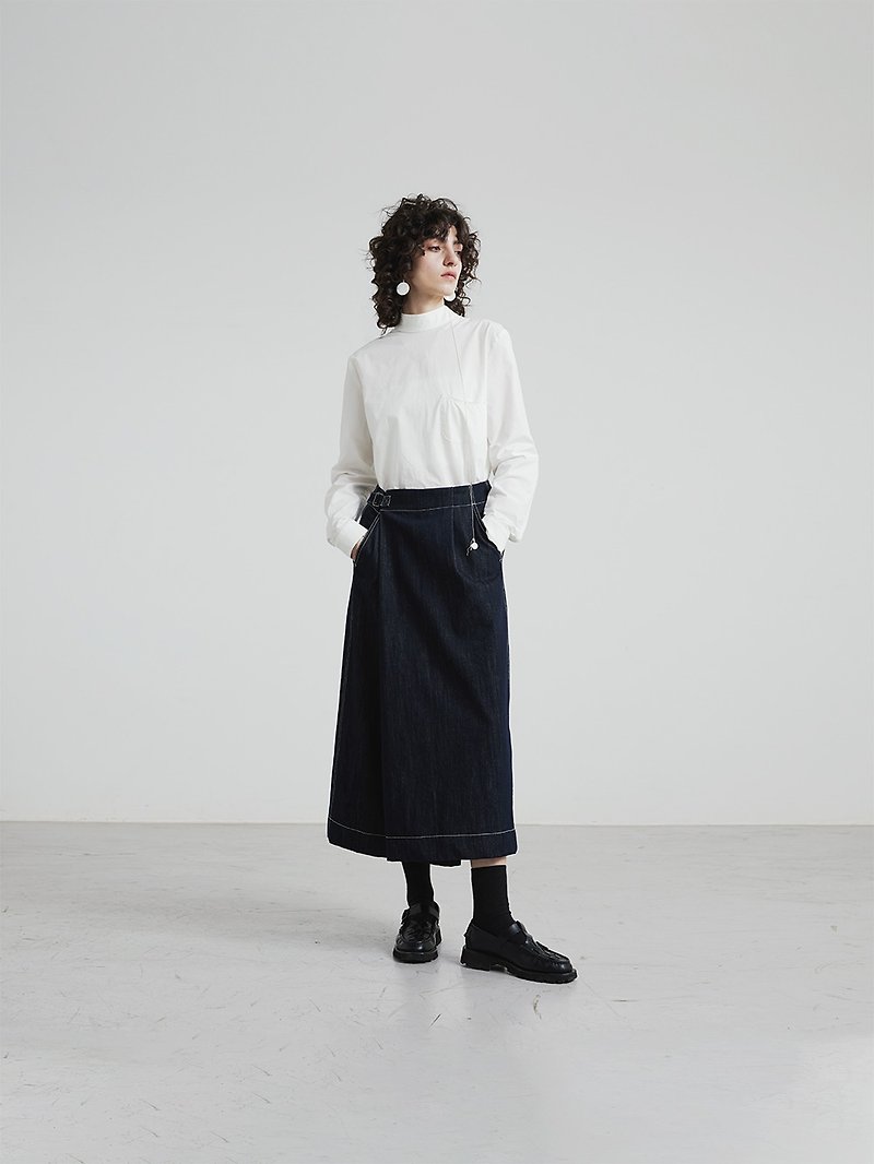Diagonal Open Cotton Denim Culottes - Women's Pants - Cotton & Hemp Blue
