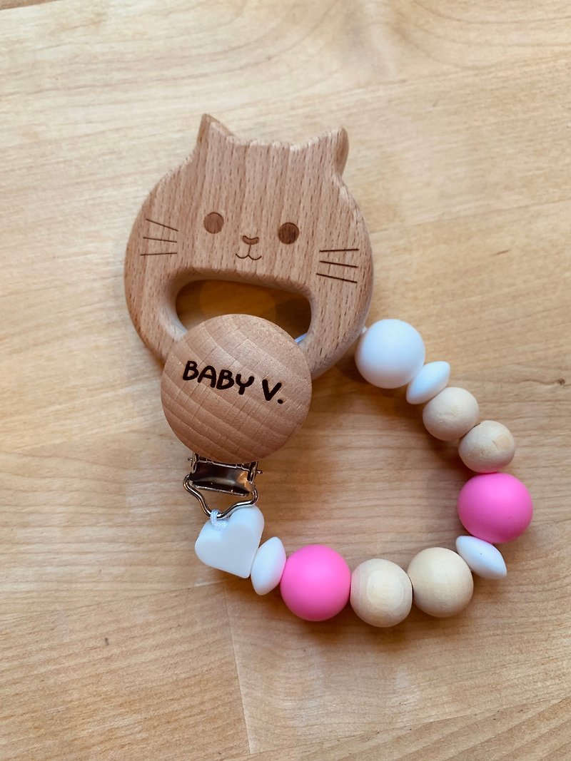 Customized lettering cat baby pacifier chain gift box set - Baby Gift Sets - Wood Brown
