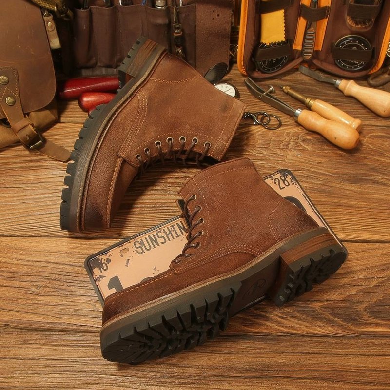 Handmade Genuine Leather Men's Martin Boots Round Toe Lace-up Outdoor Shoes - Men's Boots - Genuine Leather Brown