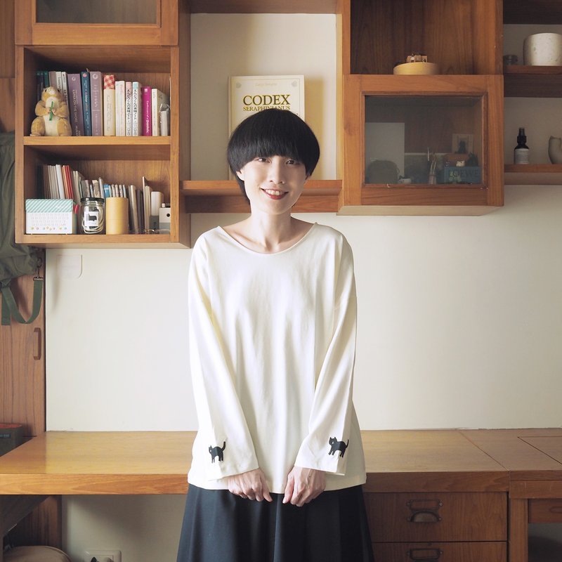 cat sleeve t-shirt : cream - 女 T 恤 - 棉．麻 白色