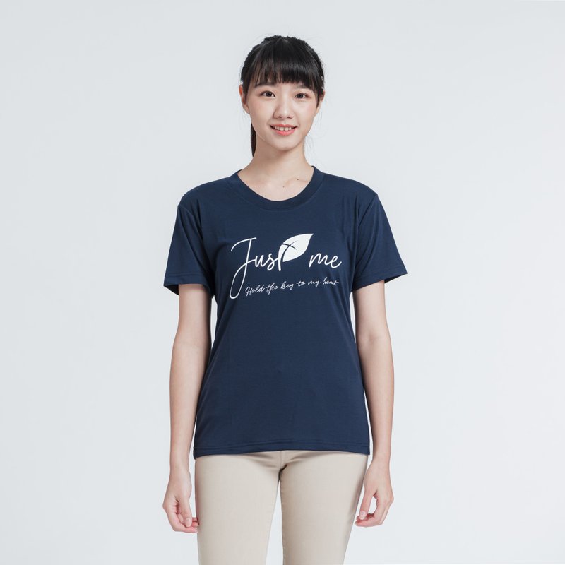 Taiwan made Tencel cotton Silver ion antibacterial navy blue small big LOGO short-sleeved T-shirt round neck (super soft and comfortable) - Women's T-Shirts - Cotton & Hemp Blue