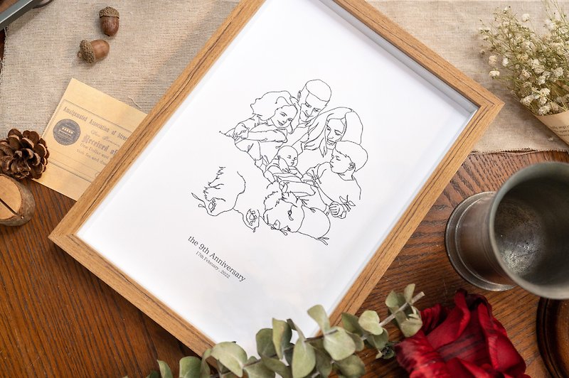 Simple line drawing Family portrait of 6 people Customized drawing Birthday gift Customized gift with electronic file - Customized Portraits - Paper 