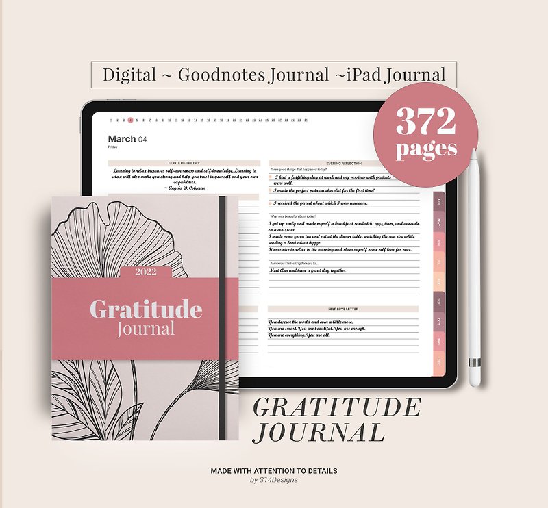 Digital Gratitude Journal, 366 daily pages, 5 minute journal, ipad goodnotes - Digital Planner & Materials - Other Materials 