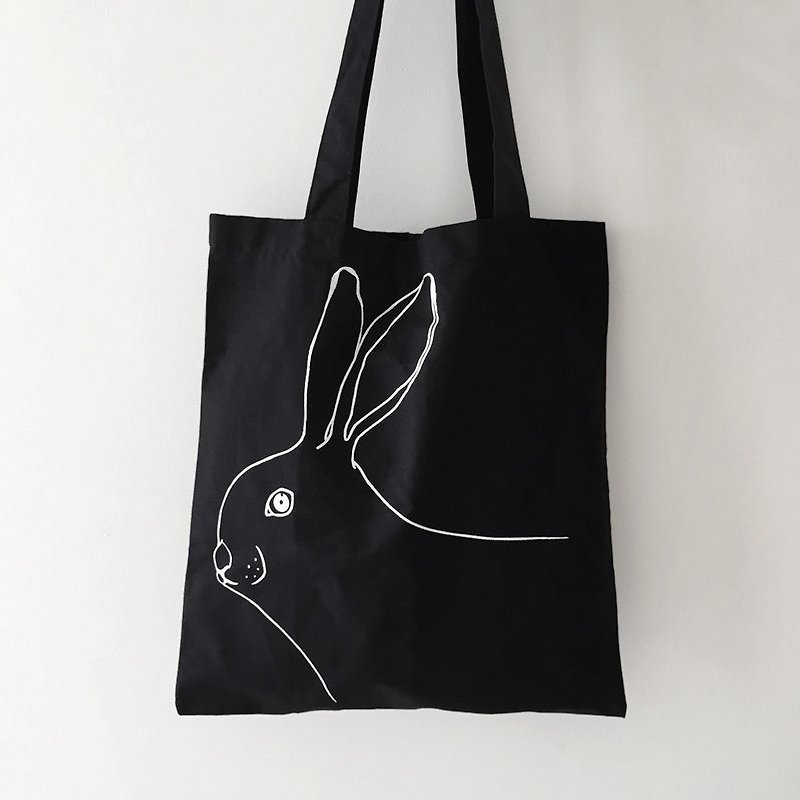 Rabbit Tote Bag (Black) - 側背包/斜孭袋 - 棉．麻 黑色