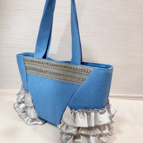 フリルバッグ　チェック　グリーン　ブルー　フリル　トートバッグ　ハンドメイド フリルバッグ Quilting Frill Bebe【ギンガム】 | BAG