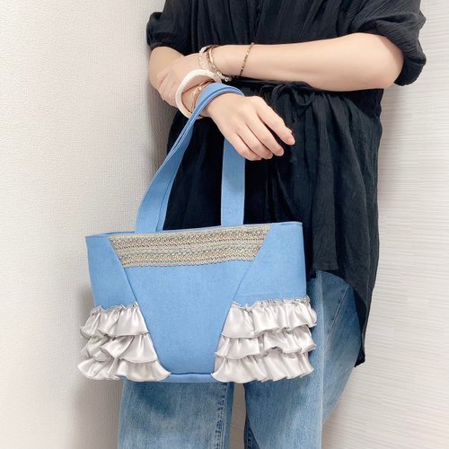 フリルバッグ　チェック　グリーン　ブルー　フリル　トートバッグ　ハンドメイド 楽天市場】フリル トートバッグ ギンガムチェックの通販