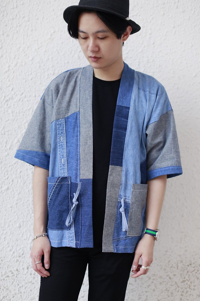 牛仔布patchwork 短袖Kimono - 男夾克/外套 - 棉．麻 