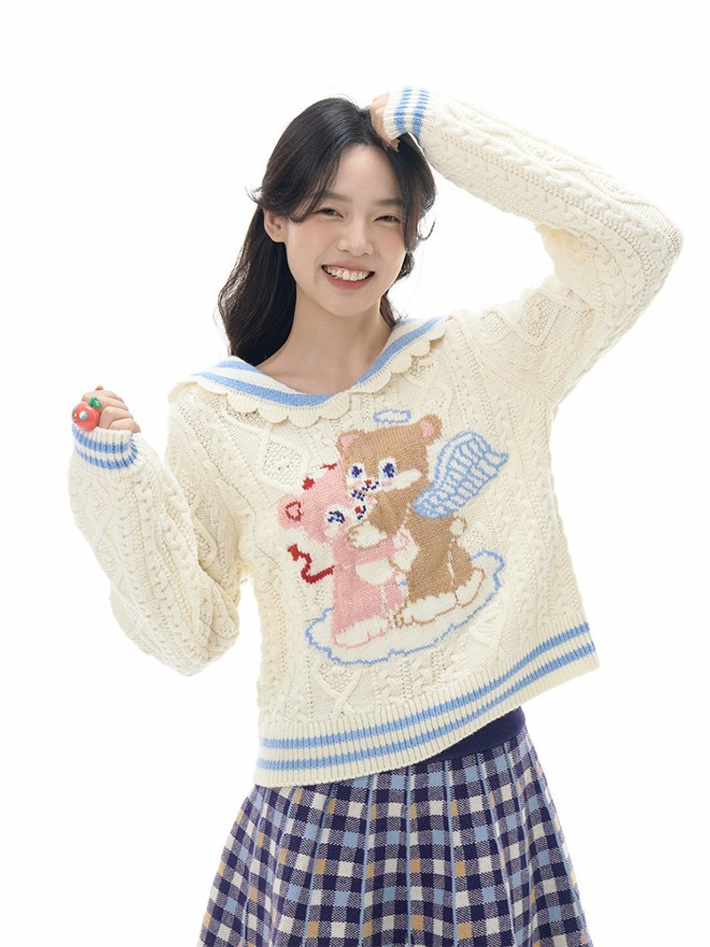 Angel Devil Bear Navy Collar Knitted Sailor Top - เสื้อผู้หญิง - วัสดุอื่นๆ หลากหลายสี