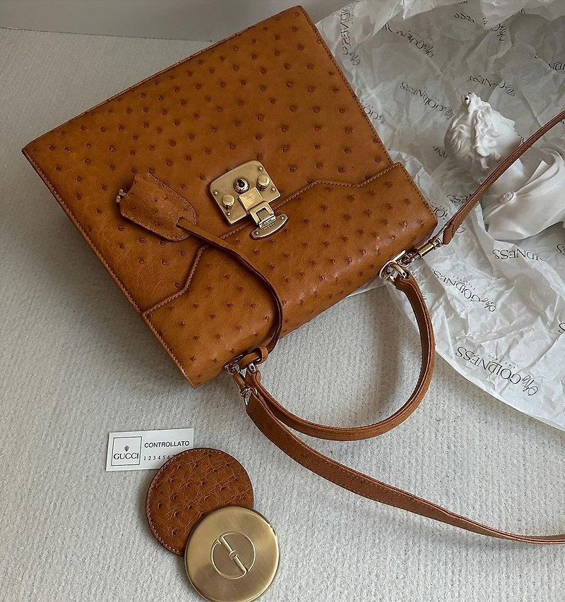 Second-hand bag Gucci Gucci caramel ostrich leather Kelly bag - กระเป๋าถือ - หนังแท้ สีนำ้ตาล