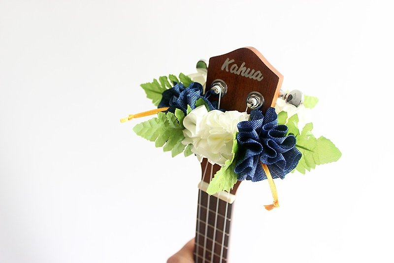 ribbon lei for ukulele,denim hibiscus,ukulele strap,ukulele accessories,hawaiian - Guitar Accessories - Cotton & Hemp Blue