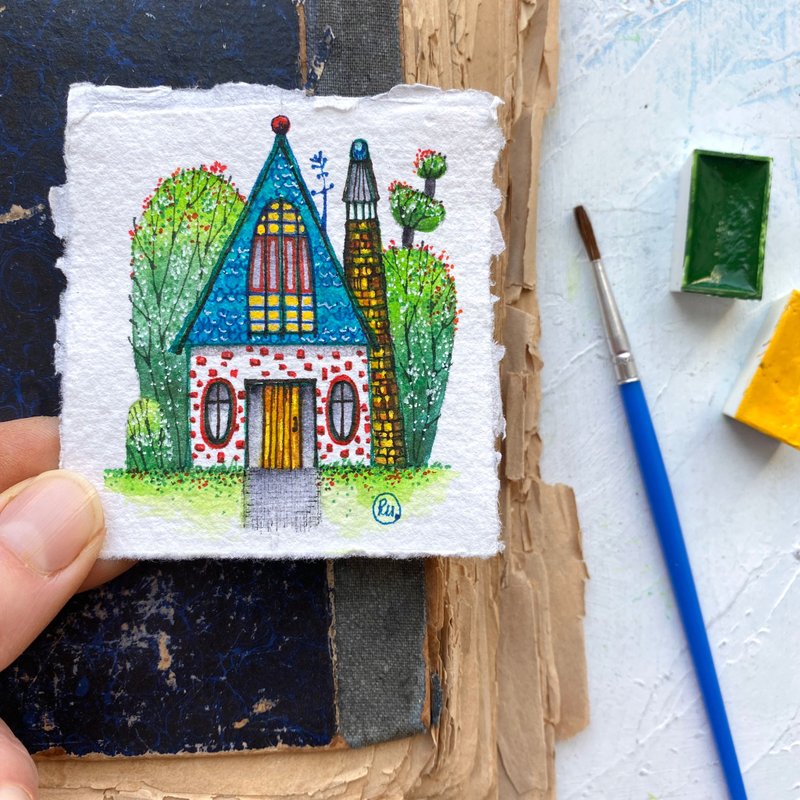 Colorful watercolor house Original painting Miniature artwork by Rubinova - 海報/掛畫/掛布 - 紙 多色