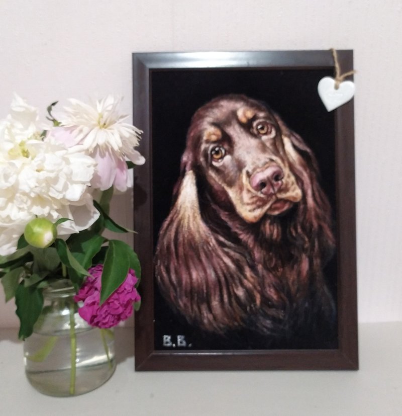 定制狗肖像 寵物肖像 天鵝絨上的原創藝術 亞克力狗畫 相框動物肖 - 似顏繪/人像畫 - 棉．麻 