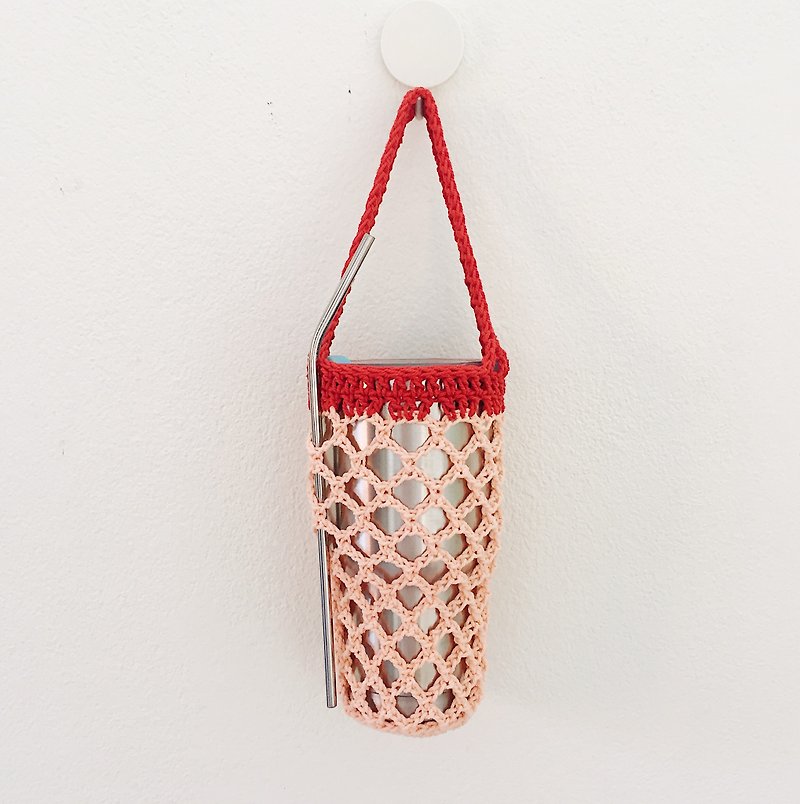 環境に優しい、かぎ針編みのハンドル付き飲料バッグ |ネットバッグマルチカラー - ドリンクホルダー - コットン・麻 ピンク