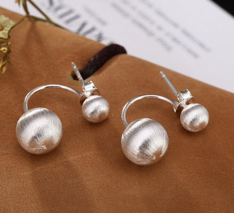 Real S 925 Fine Silver Handmade Brushed Balls Stud Earrings Dual Use Women - Earrings & Clip-ons - Sterling Silver Silver