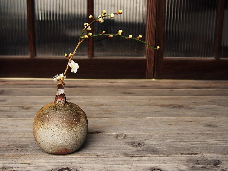 日本岡山備前 陶器 花瓶 花插 一朵花器（玉）（中）h2-026 - 植栽/盆栽 - 陶 咖啡色