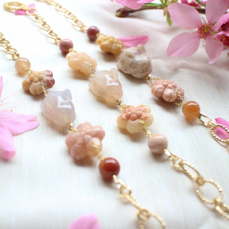 Six Cats Natural Stone Coral Jade Alxa Bunny Cherry Blossom 14KGF Bracelet Bracelet Gift - สร้อยข้อมือ - หยก 