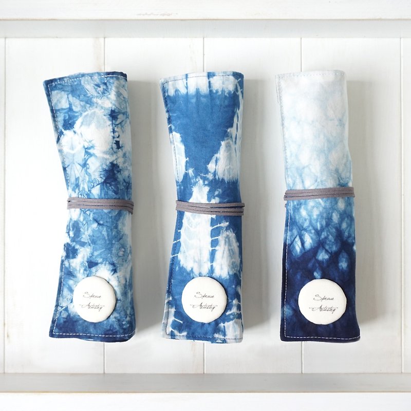 S.A x Indigo Dyed Handmade Water Color Brush Roll - Pencil Cases - Cotton & Hemp Blue