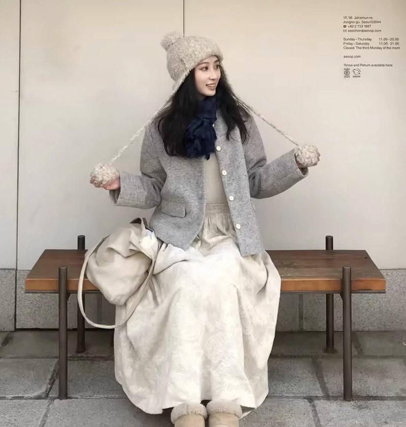 法式復古 灰色彩點羊毛立領外套 手工製 - 女上衣/長袖上衣 - 其他材質 灰色