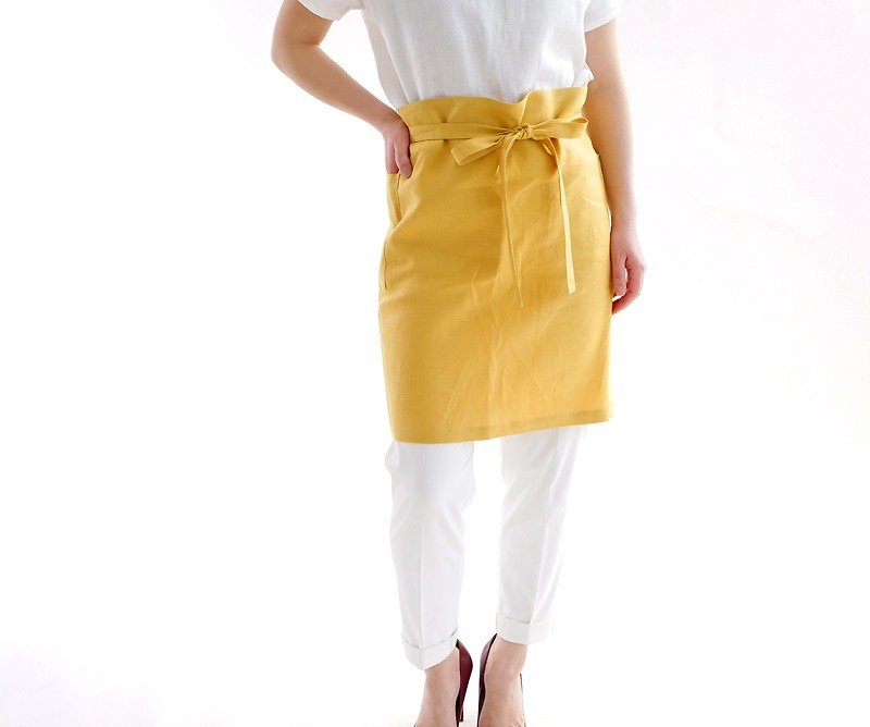ベルギーリネン　両脇2ポケット ワークサロン エプロン/クロムイエロー z001c-cye2 - 圍裙 - 棉．麻 黃色