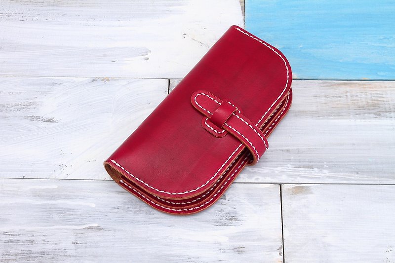 Italian vegetable tanned leather handmade leather ladies wallet buckle long clip 001 hand dyed wine red - กระเป๋าสตางค์ - หนังแท้ สีแดง