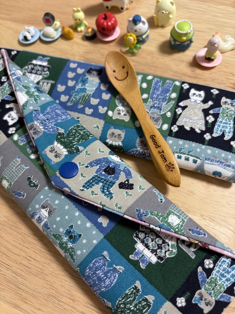 文青風環保純棉筷袋 紳士貓咪 廚師 原麻卡通格 厚實手感 日本 潮 - 居家收納/收納盒/儲物盒 - 棉．麻 綠色