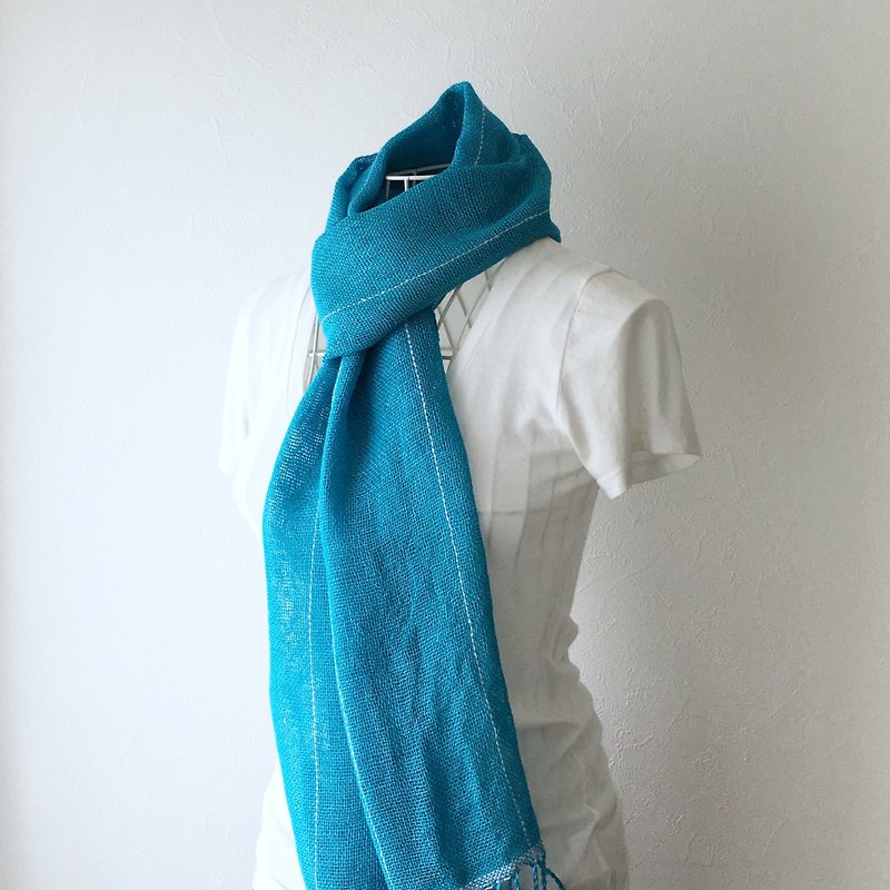 [Silk] Unisex Hand Woven Stole Turquoise Blue - ผ้าพันคอถัก - ผ้าฝ้าย/ผ้าลินิน สีน้ำเงิน