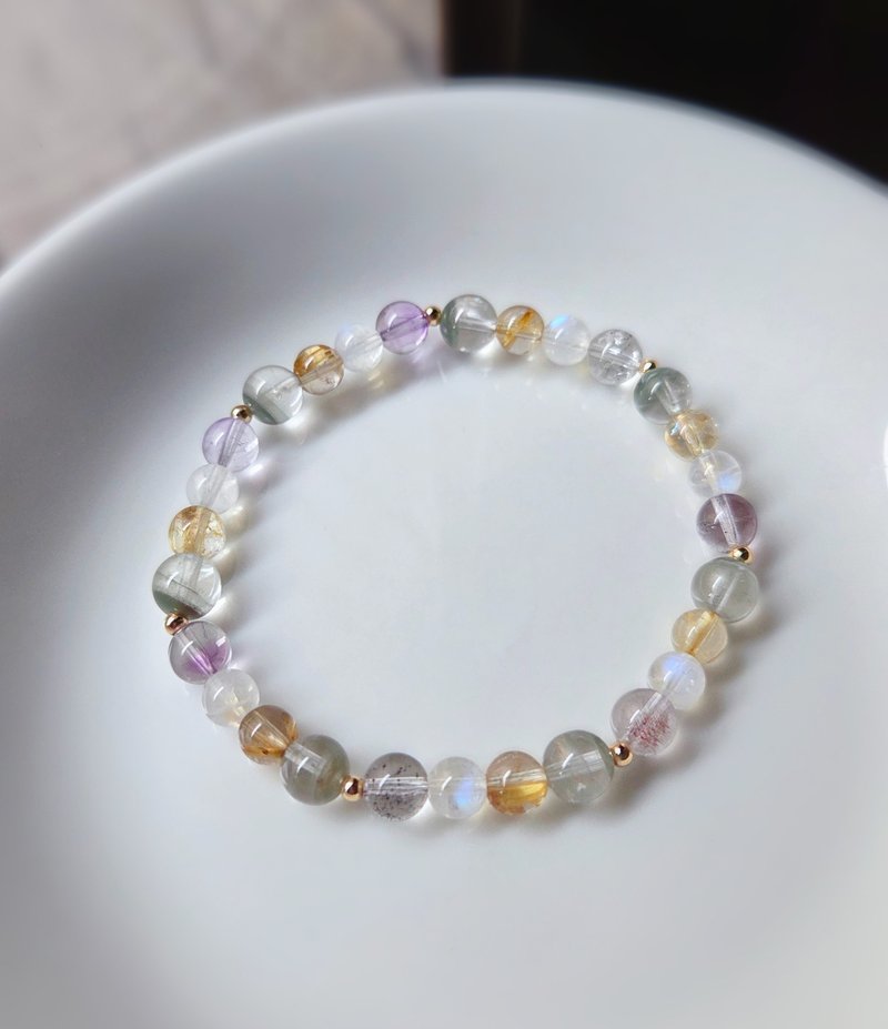 Rutilated Quartz, Moonstone, Glassy Super Seven, Green Phantom Crystal Bracelet - สร้อยข้อมือ - เครื่องเพชรพลอย หลากหลายสี