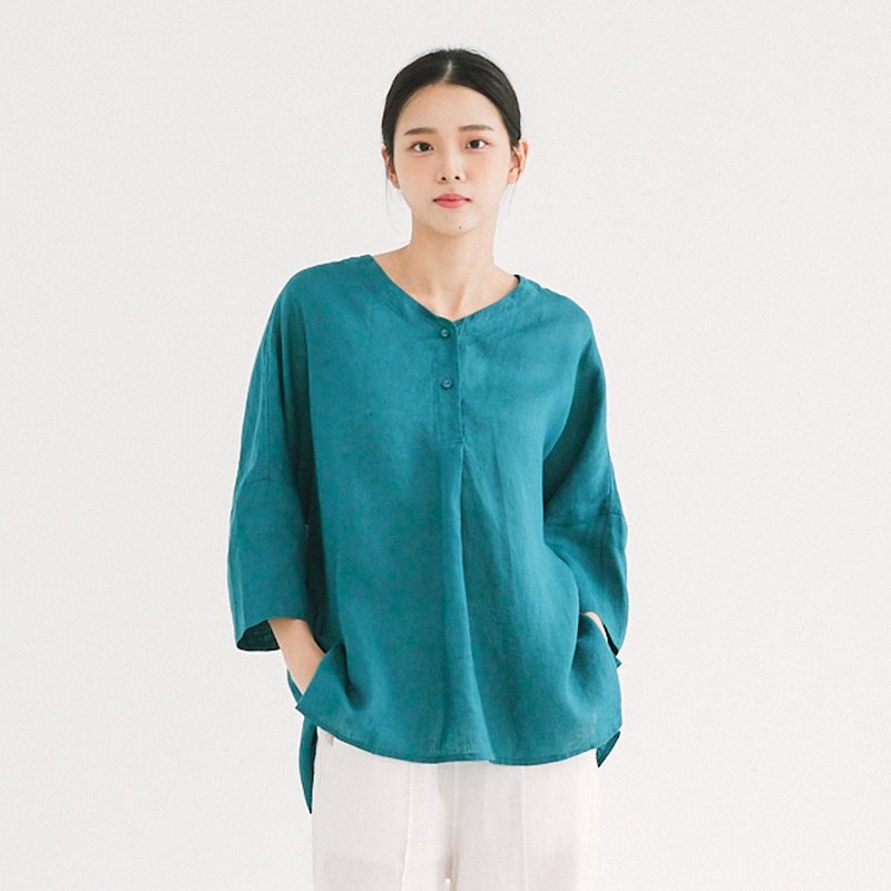 【Simply Yours】Line V-neck mid-sleeve top Teal F - Women's Tops - Cotton & Hemp Blue