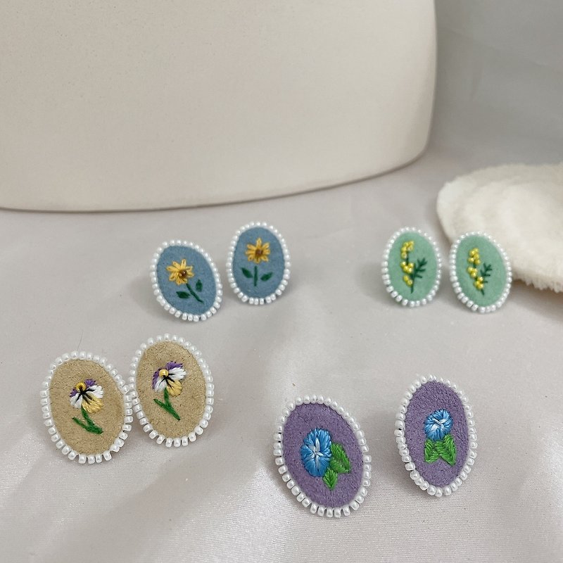 Handmade embroidery // flower earrings // can be changed into clip-on style - Earrings & Clip-ons - Thread Blue